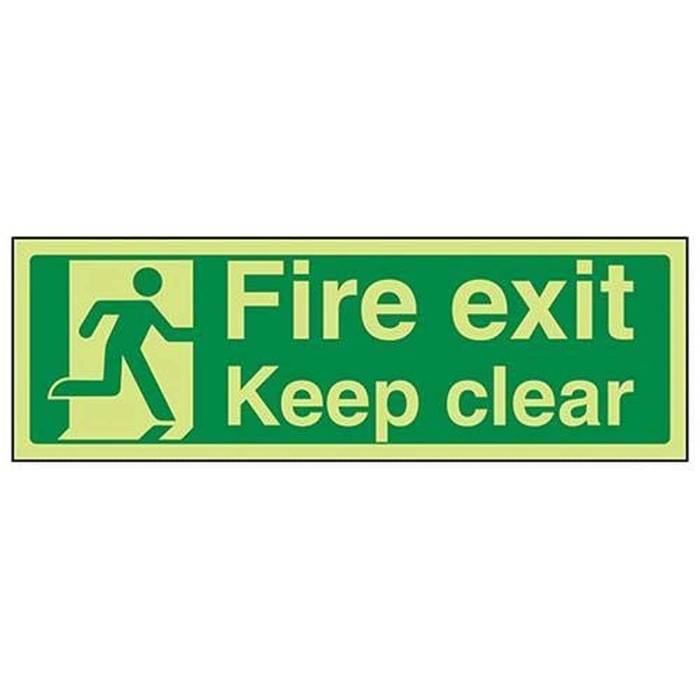 V Safety Glow In The Dark Fire Exit Keep Clear Sign - 450mm x 150mm - Self Adhesive Vinyl