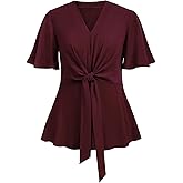 SCOMCHIC 2024 Women's Plus Size Peplum Tops Elegant V Neck Tie Front Bell Sleeve Flowy Blouses Shirts