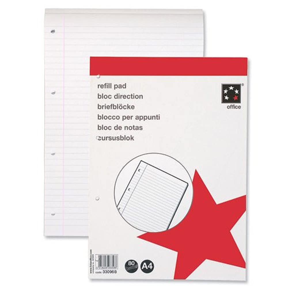 5 Star Refill Pad FSC Feint Headbound Ruled with Margin 70gsm 4-Hole Punched 80 Sheets A4 [Pack of 10]