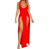Azhong Women's Sexy One Piece Outfits Dress Sleeveless Deep V Neck High Split Bodycon Clubwear Maxi Dresses