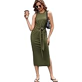 ZTC Sleeveless Midi Dress for Women–Casual Tank Dress with Waist Tie Bodycon Fit Round Neck Side Slit Summer Dresses