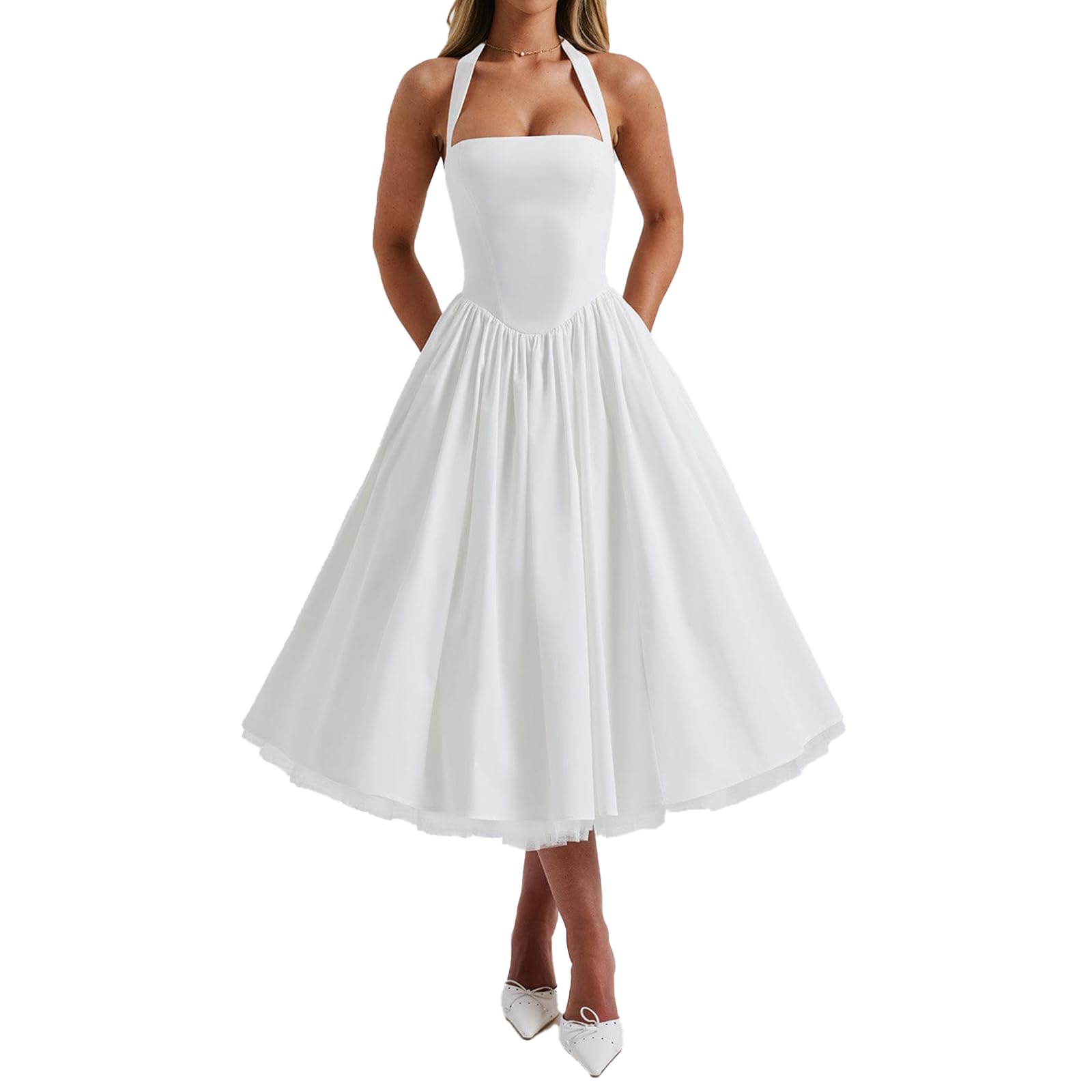 Photo 1 of ABYOVRT Women Halter Midi Dress Corset Back Layered Tuller Skirt Sleeveless Swing Cocktail Prom Formal Dresses (White,L)