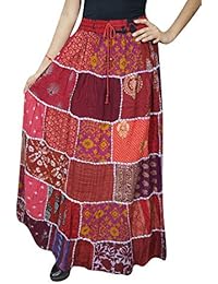 Women's Maxi Skirt Maroon Printed Patchwork Flare Long Maxi Skirt SM