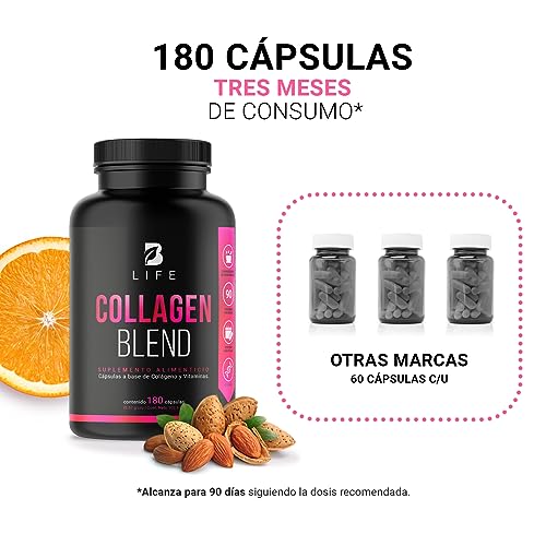 Péptidos de Colágeno Hidrolizado 200 Cápsulas | Potenciado con Biotina y Vitamina C para Piel, Cabello y Uñas | Collagen Blend B Life.