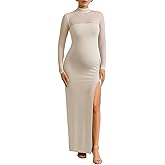 Dedysler Maternity Long Sleeve Maxi Wedding Guest Dress for Baby Shower with Mesh Split Mock Neck Bodycon Casual Pregnancy