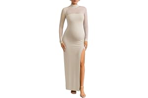 Dedysler Maternity Long Sleeve Maxi Wedding Guest Dress for Baby Shower with Mesh Split Mock Neck Bodycon Casual Pregnancy