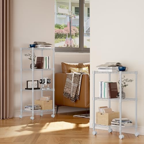 M MZG Metal Shelving Unit with 3 Levels Lockable Wheels, Load Capacity 340 kg, Adjustable Shelves for Kitchen, Bathroom, Pantry and Office, Study, White, 30 x 45 x 75 cm