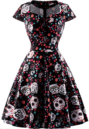 oten Women\'s Christmas Polka Dot Sugar Skull Vintage Swing Retro Rockabilly Cocktail Party Dress Cap Sleeve Black