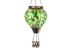Giole Hummingbird Hot Air Balloon Solar Lantern with Flame , Waterproof Solar Lantern Hanging Glass Outdoor Lantern Decor for Patio, Porch, Garden