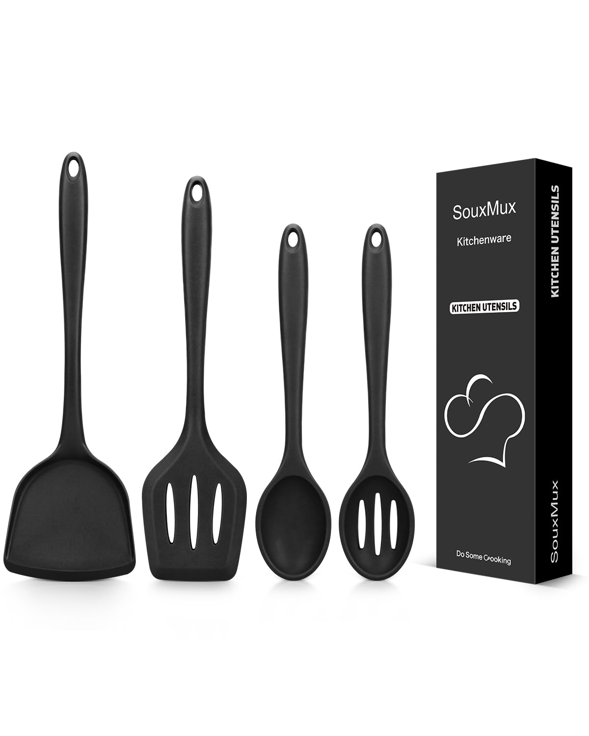 SouxMux 4 Pcs Silicone Kitchen Utensils Set,Wok Spatulas-Slotted Turner-Cooking Spoon-Slotted Spoon,Nonstick BPA Free High Heat Resistant Cooking for Frying, Mixing,Serving, Draining, Stirring, Black