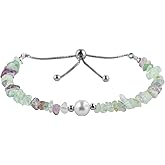 CRYSTALIS Natural Multi-Color Fluorite Beads Slider Bolo Bracelet with Elegant Pearl, Uncut Chips Nuggets Crystals, Chakra Healing Gemstone, Women Jewelry, 925 Sterling Silver Slider 10 inch