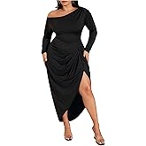 Floerns Women's Plus Size Off The Shoulder Maxi Dress Long Sleeve Ruched Wedding Guest Bodycon Dresses