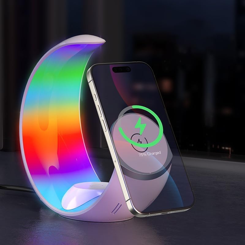 AMROAH 2025 Moon 4 in 1 Wireless Charging Station for Smart Phone Headphones Watch, Multiple Devices Wireless Charger for iPhone 17 16 15 14 13 12 Series, Airpods Pro, Apple Watch