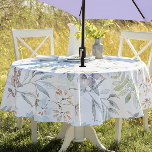 Benson Mills Tovaglia per esterni in tessuto primavera/estate a prova di fuoriuscite con foro per ombrello, tovaglia con cerniera per tavoli rotondi, tavolo da picnic/patio (178 cm rotonda con foro
