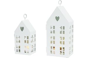 HPC DEC R OUR HAPPY PLACE HPC Decor Modern Farmhouse Lantern Decorative- Metal House Candle Lanterns w/Timer String & LED Tealight- Vintage Lantern Decor for Halloween, Christmas, Home Decor, Tabletop, Fireplace Shelf Decor
