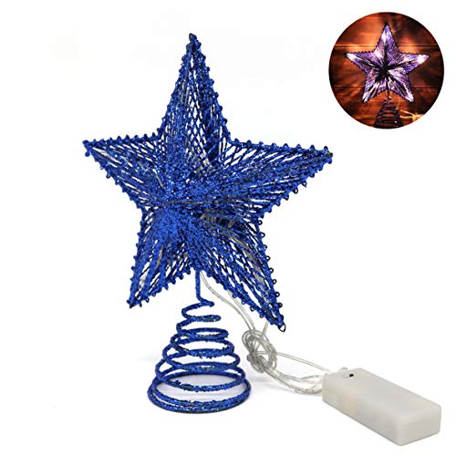 CVHOMEDECO. Blue Glittered 3D Tree Top Star with Warm White LED Lights and Timer for Christmas Ornaments and Holiday Seasonal DÃ©cor, 8-Inch