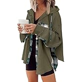 SHEWIN Womens Waffle Knit Plaid Shacket Boyfriend Button Down Shirt Hooded Jacket Loose Long Sleeve Tops