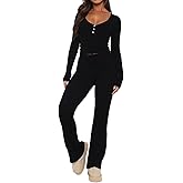 ForeFair Womens Knit Ribbed 2 Piece Pajama Set Long Sleeve Button Crop Top And Flare Long Pants Sleepwear PJ Set