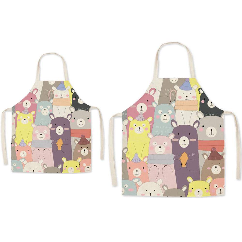 Eyand Bear Pattern Apron - Durable Linen Material, Machine Washable, Great for Cooking, Painting, Gardening & Baking, Unisex-Kids Apron Set