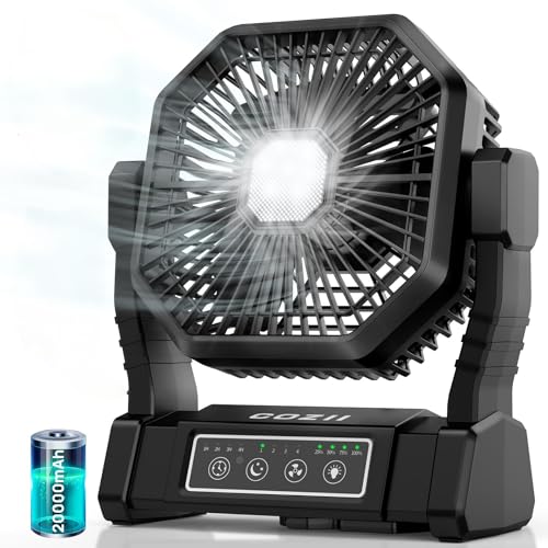 COZII 20000mAh Desk Fan Camping Fan, Portable Fan Rechargeable 4 Speeds with LED Light, Hanging Hook, Remote Control and Timer, Outdoor Battery Powered Fan for Camping Travel Office