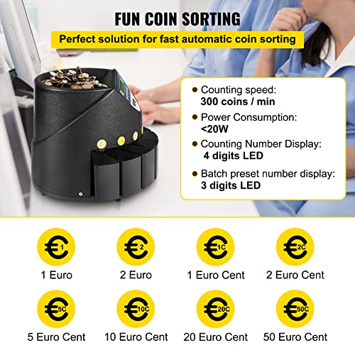 Compteuse de Pièces Euro 300 Pièces/min, Trieur de Pièce Monnaie avec 8 Bacs de Collecte, pour Magasin Banque École, Capacité de la Trémie 700PCs et Capacité de Chaque Bac 50 à 300Pcs