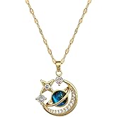 GYRMMUE Moon Gemstone Pendant Necklace for Women Sun-Inspired Design Necklaces Elegant Night Sky Jewelry Space Planet Star Necklacese Glowing Blue Moon Charm Necklaces