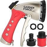 Garden Hose Nozzle / Hand Sprayer By Garden Force , 10 Spray Patterns, Heavy Duty Leak Proof Zinc Alloy Design, Rust Resistant Chrome Plating, Flow Control For Precise Water Pressure, BONUS 2 Washers