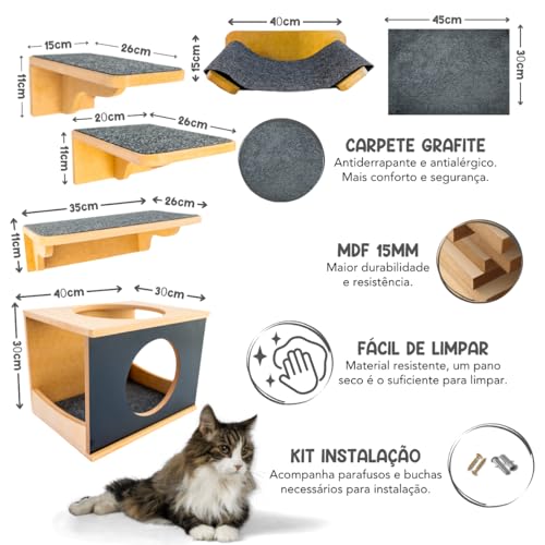 Playground Para Gatos 9Pçs Premium Resistente Já Montado Com Kit Fixação e Rede (PRETO) (Preto)