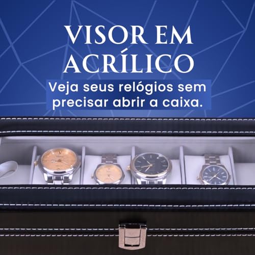 Porta Relógios Luxo em Couro Sintético - 6 Compartimentos, Almofadas Removíveis e Visor em Acrílico