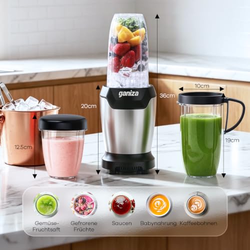 Ganiza Blender, 1300 W Smoothie Maker, Stand Mixer with 3 Portable Mixing Cups (2 x 1100 ml & 1 x 660 ml), Six Blade Made of Stainless Steel, BPA-Free, Easy to Clean, Electric Blender for Milkshakes