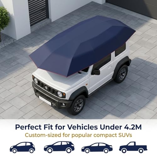 SELFIE CAT Car Awning Tent 4.2x2.2m, Navy Blue, Cover Outdoor Premium Anti-UV Sunshade & Portable Carport with Anti-Theft Rope, 210D Oxford Foldable Exterior Sun Shades For for Sedans & Compact SUVs
