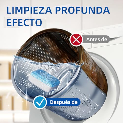 24 Pack Efervescentes Limpiador Tabletas,Descalcificador limpiador lavadora,tablet de limpieza profunda,Limpiador de Lavadora Descontaminación,para lavadoras de carga frontal y superior. (24)