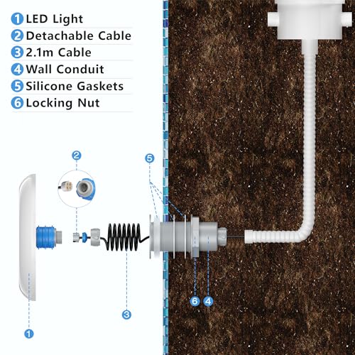 OSREE LED Pool Lights with 2 Inch Thread, 12 W Pool Lamps 6000 K Non-Dimmable, 1200 lm, Ø190 mm, 12 V AC/DC Resin Filled Spotlight for Prefabricated Pools Fiberglass Outside Ground Steel