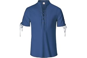 IWQBQ Mens Renaissance Shirt Pirate Medieval Viking Steampunk Top Lace Up V Neck Linen Short Sleeve Halloween Costume