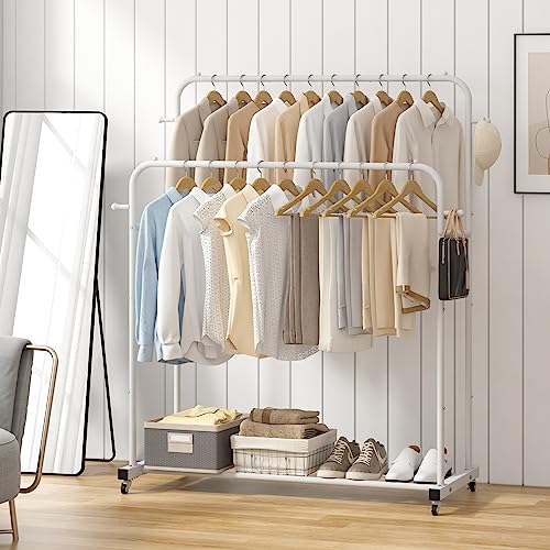 Laiensia Double Rods Garment Rack with Wheels, Clothing Rack for