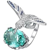 OIDIMS Gem Stone Hummingbird Ring Dainty Simulated Aquamarine Shiny Birthstone Open Adjustable Rings for Women Personalized Unique Cubic Zirconia Jewelry for Her Mom Beautiful Lady Birthday Xmas