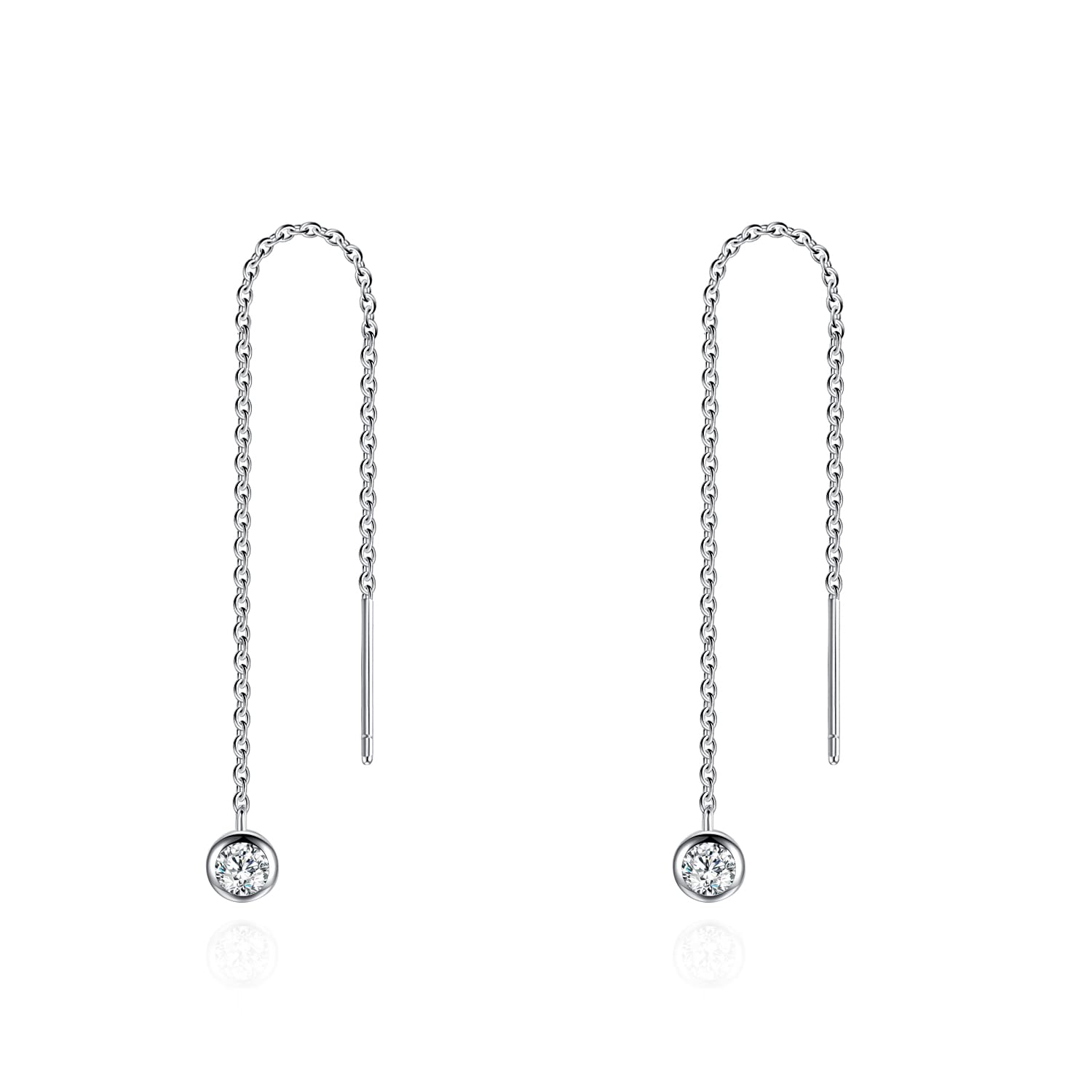 925 Sterling Silver Threader Pull Through Earrings For Women Cubic Zirconia Round Dangle Chain Earring