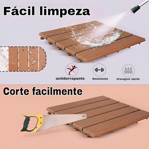 KIT 5 Deck Modular Plástico 30x30cm x 2cm Altura Piso Encaixe Rápido Antiderrapante Drenante para Piscina Jardim Varanda Banheiro (MARROM)