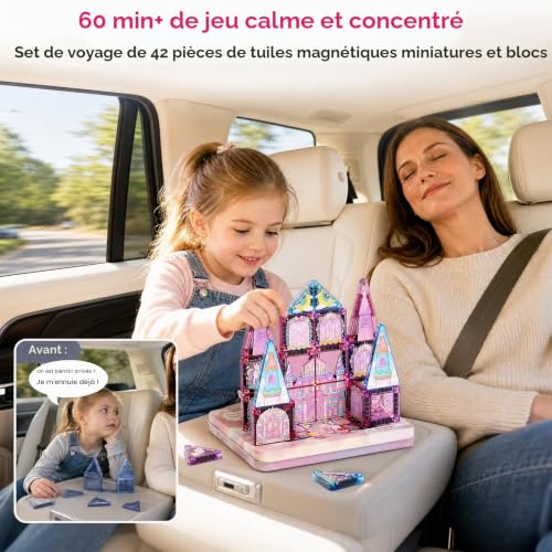 Magnetic Blocks Travel Kit for Girls: 60 min Quiet Play, 42 Unicorn & Princess Magnetic Tiles, Portable Tin Box for Car and Airplane, Gift for Ages 3-6
