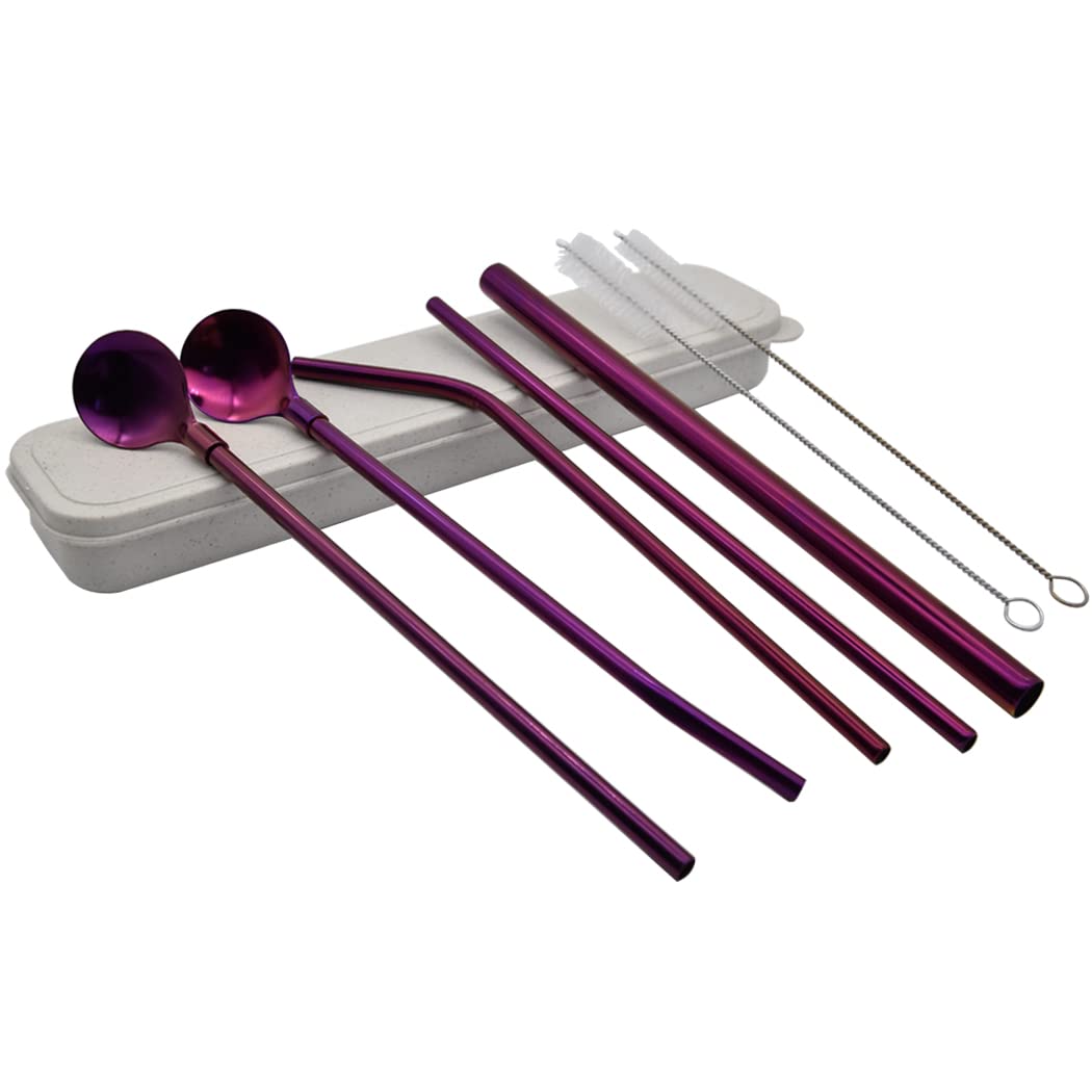 Hoshen 7-Piece Purple Stainless Steel Straw Spoon Set, 8.5 Inch Reusable Straw, with Carrying Case (3 Straws/2 Straws Spoon/2 Brushes)