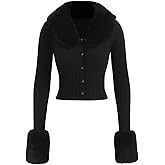 WDIRARA Women's Fuzzy Collared Button Down Cardigan Sweaters Faux Fur Long Sleeve Knit Outerwear