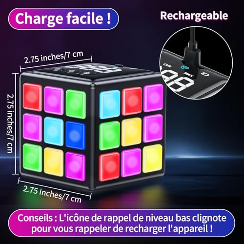 Xinbeiya Rechargeable Game Cube, 15-in-1 Brain Games & Memory & Speed for Children, Birthday Christmas Gifts for Boys and Girls Aged 6-12, French Version (Black)