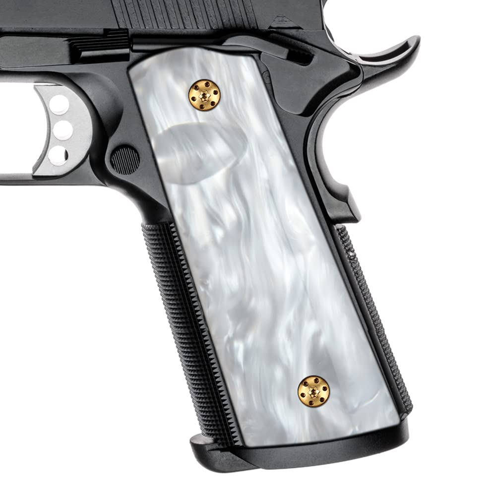 Photo 1 of Cool Hand 1911 Magwell Grips, Full Size Government Commander, High Polished Synthetic White Pearl, Gold Screws Included, Ambi Safety Cut
