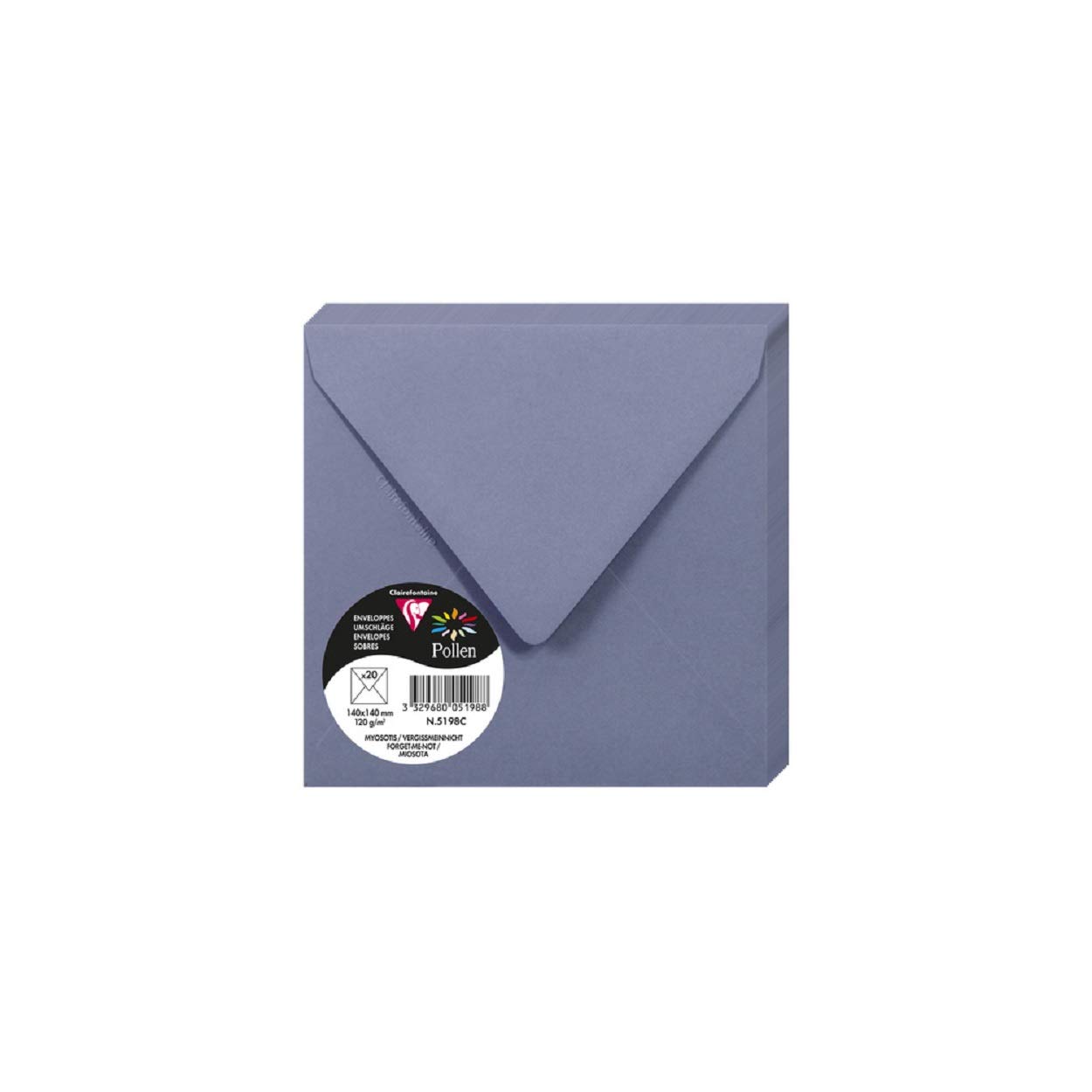 Clairefontaine 5198C Pack of 20 Gummed Envelopes Square 14x14cm 120g/m² Forget-me-not colour Invitation Events Correspondence Pollen Range Premium Smooth Paper