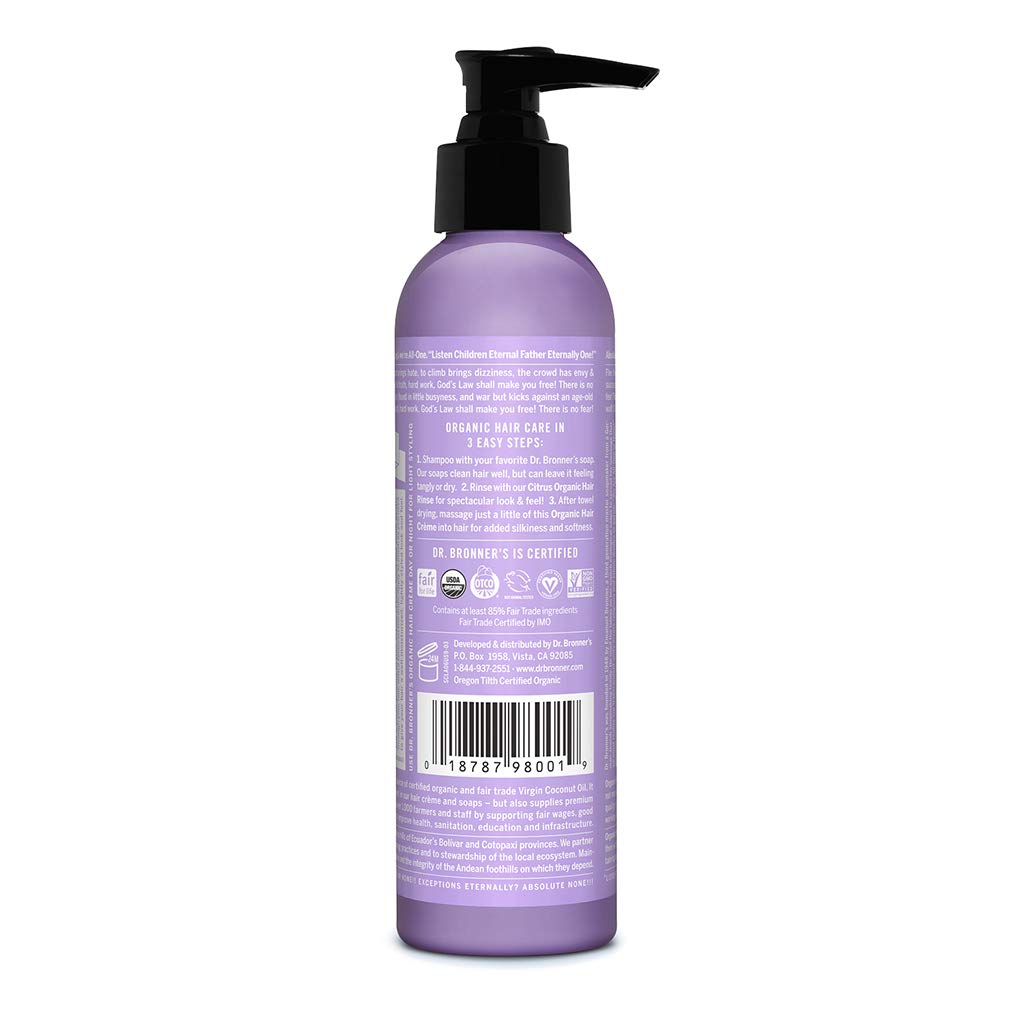 Dr. Bronner's - Organic Hair Crème (Lavender Coconut, 6 Ounce) - Leave-In Conditioner and Styling Cream, Made with Organic Oils, Hair Cream Supports Shine and Strength, Nourishes Scalp, Non-GMO