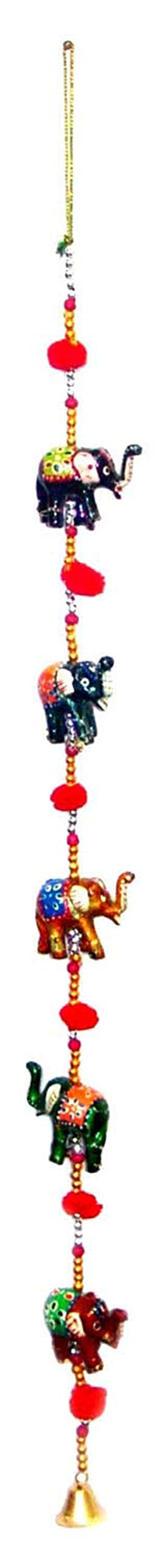 FIKIMOS Door Hanging Decorative Five Hand Painted Elephant Stringed with Beads and small Bell Together