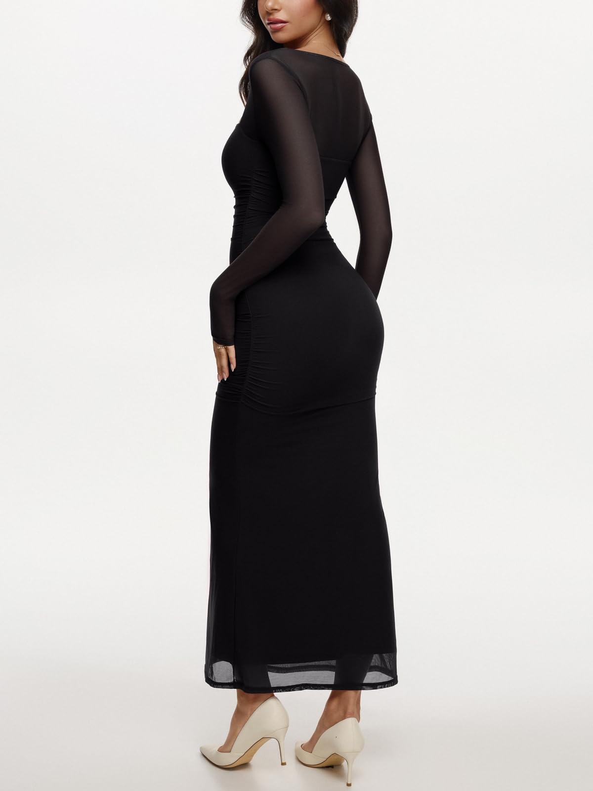 REORIA Long Sleeve Wedding Guest Maxi Dresses for Women Sheer Mesh Square Neck Ruched Bodycon Long Dress 2025 Fall Outfits