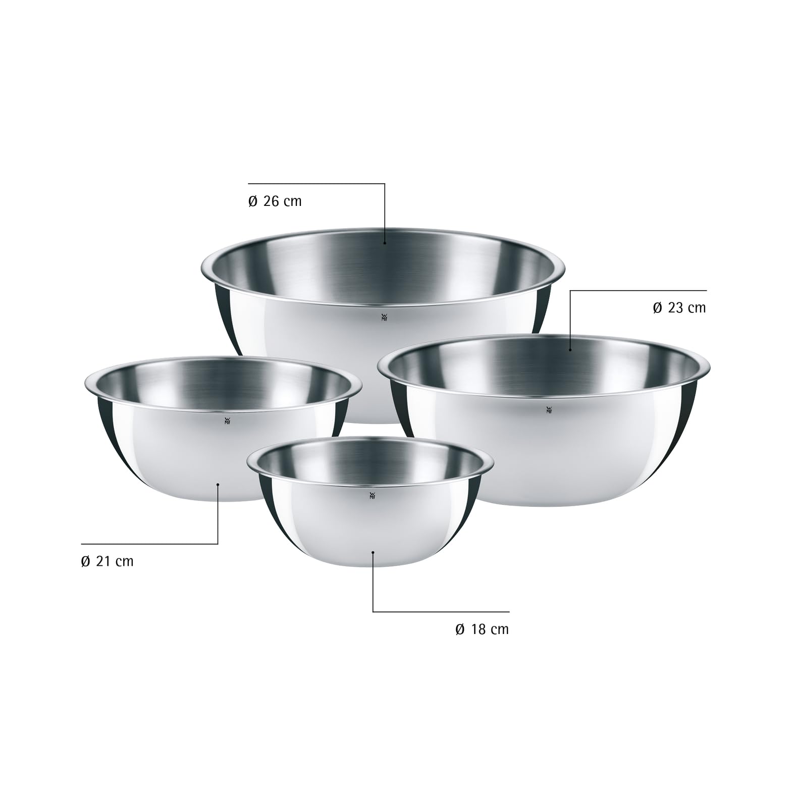 WMF Gourmet Schüsselset 4-teilig, Edelstahl Schüsseln für die Küche 0,75l - 2,75l, Rührschüssel Edelstahl, Salatschüssel, Servierschüssel, Cromargan, stapelbar 7