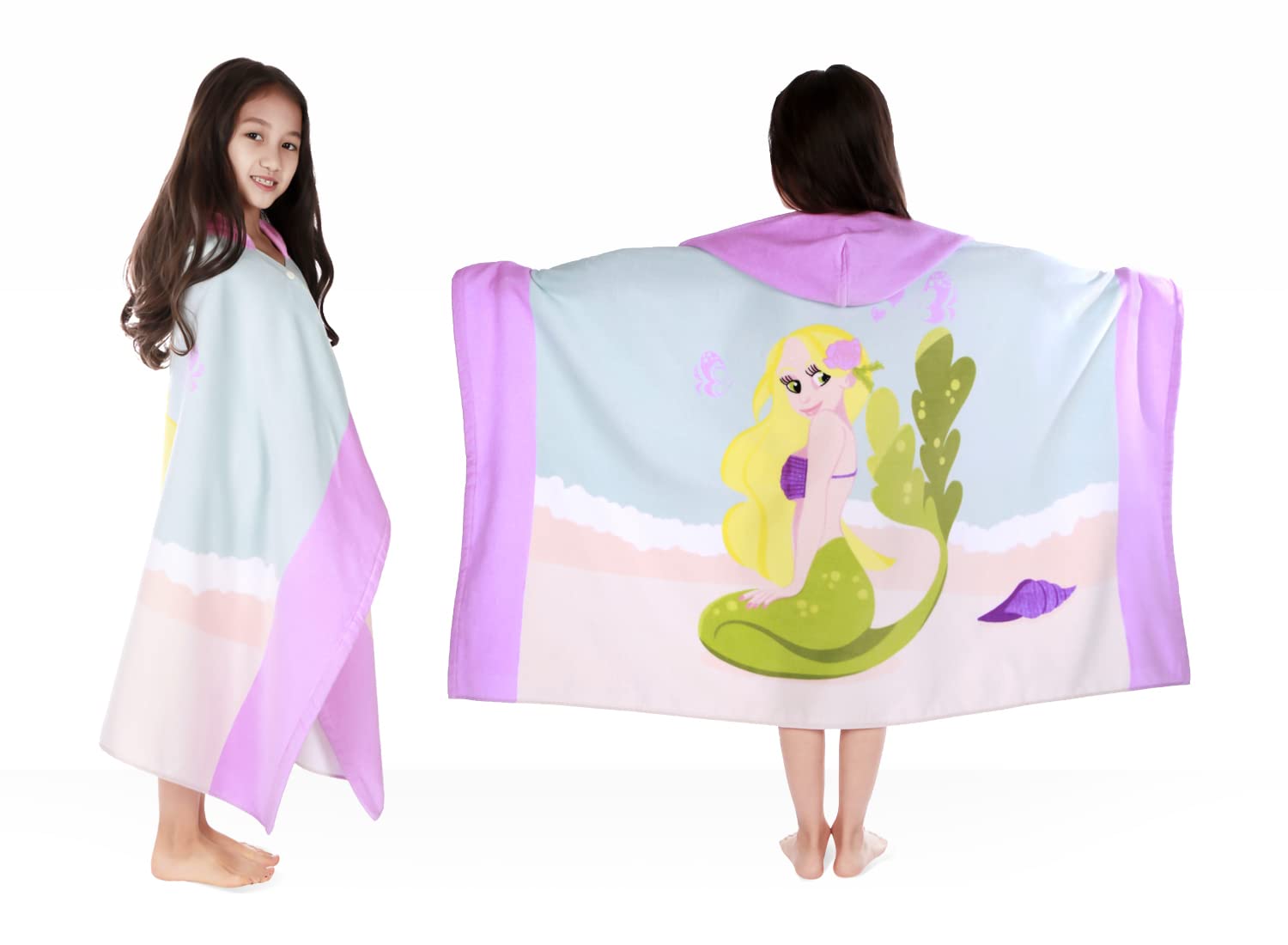 BANGSAUR Children's Hooded Bath Beach Towel, 100% Cotton 50"x30" Wrap, Kids Toddlers Girls Boys 3-12 Years Coverup(Blonde Hair Mermaid N)
