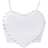 OYOANGLE Girl's Cute Pearl Beaded Spaghetti Strap Cami Top Asymmetrical Hem Slim Fit Crop Tops